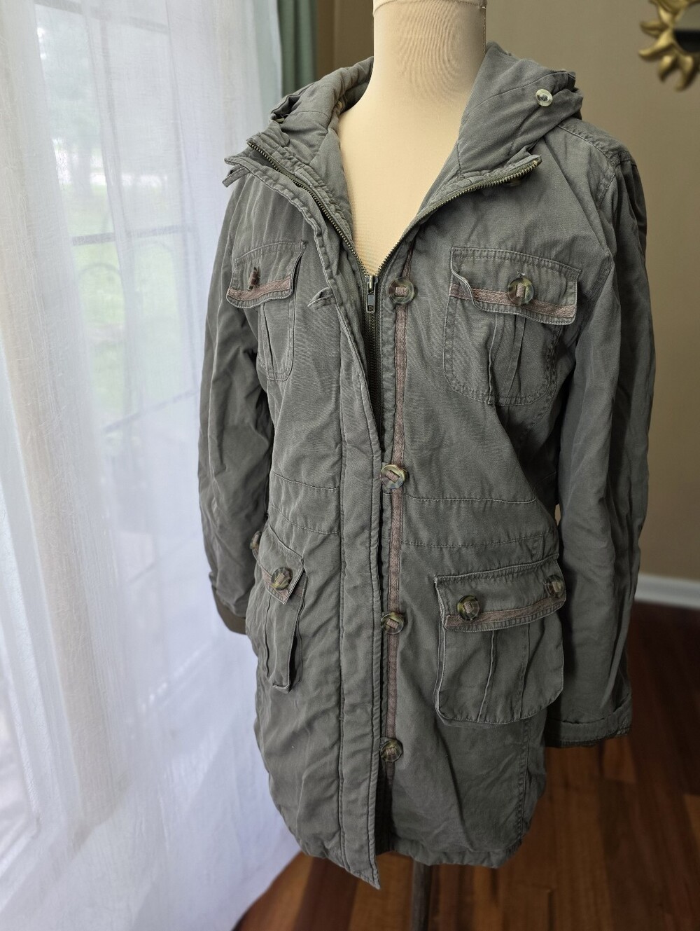100% Cotton Olive Hooded Utility Field Jacket Floral Lined Hunt Womens XL Boho